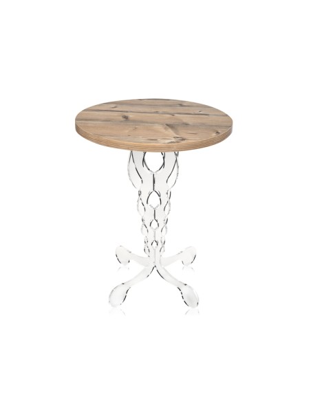 Tavolino da caffè stile Arabesco in plexiglass Trasparente con ripiano in legno rovere naturale opaco. Made in Italy