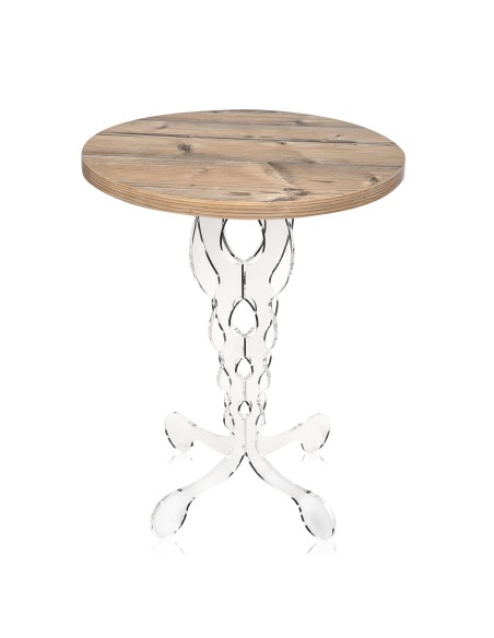 Tavolino da caffè stile Arabesco in plexiglass Trasparente con ripiano in legno rovere naturale opaco. Made in Italy