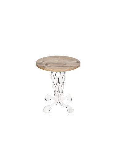 Tavolino da caffè stile Arabesco in plexiglass Trasparente con ripiano in legno rovere naturale opaco. Made in Italy