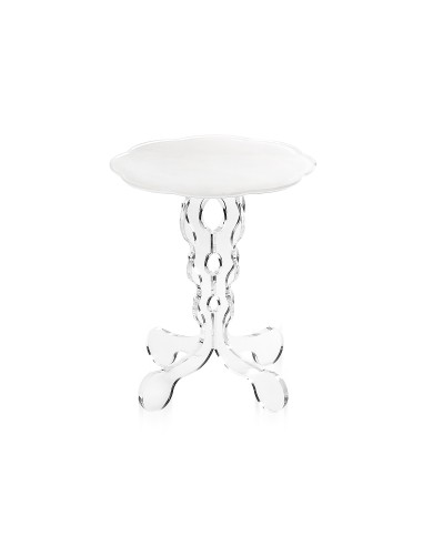 Tavolino da caffè stile Arabesco in plexiglass con base Trasparente tagliata al laser e ripiano bianco. Made in Italy