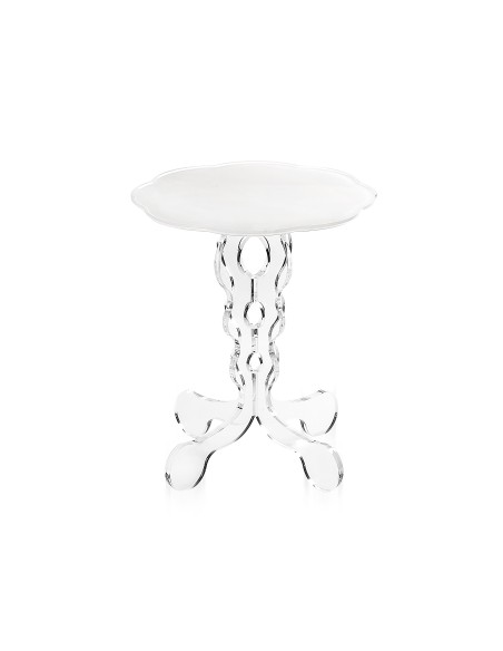 Tavolino da caffè stile Arabesco in plexiglass con base Trasparente tagliata al laser e ripiano bianco. Made in Italy