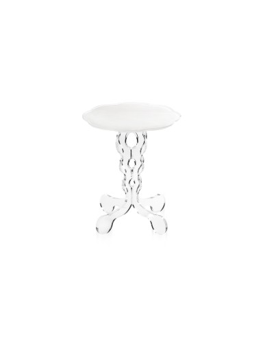 Tavolino da caffè stile Arabesco in plexiglass con base Trasparente tagliata al laser e ripiano bianco. Made in Italy