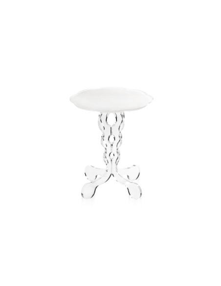 Tavolino da caffè stile Arabesco in plexiglass con base Trasparente tagliata al laser e ripiano bianco. Made in Italy