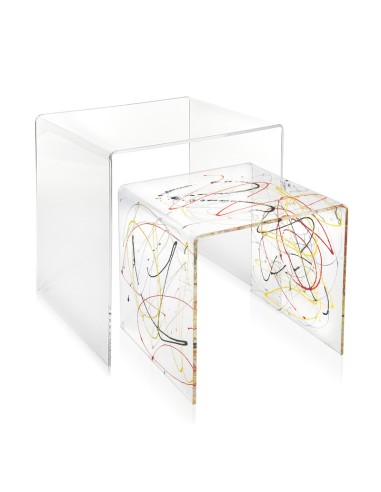 Set di 2 tavolini sovrapponibili design anni '80 in plexiglass Trasparente, schizzo artistico colorato