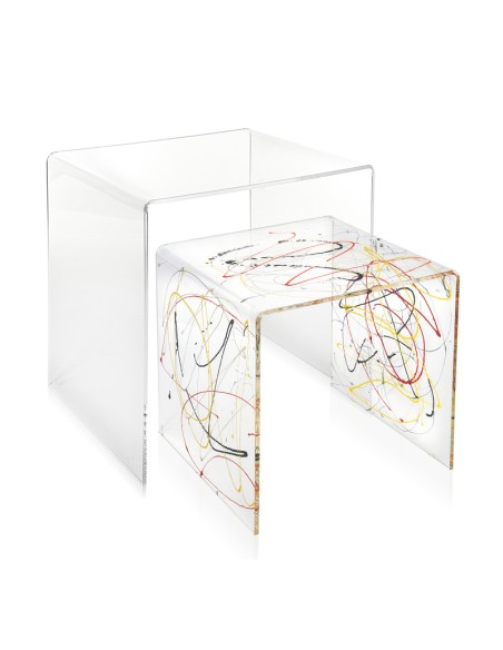 Set di 2 tavolini sovrapponibili design anni '80 in plexiglass Trasparente, schizzo artistico colorato