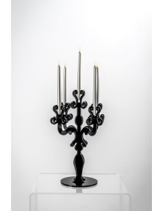 Candelabro linea Vittoriale design rinascimentale con 5 braccia in plexiglass nero pieno.