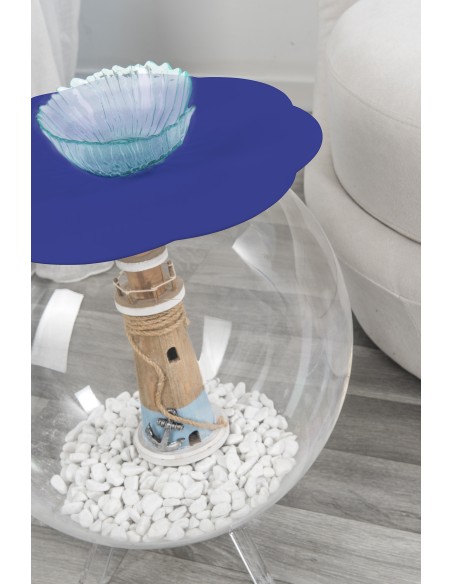 Boollino Tavolino in plexiglass Trasparente struttura sferica con ripiano blu, uso vaso acquario contenitore