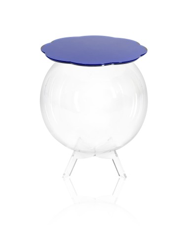 Boollino Tavolino in plexiglass Trasparente struttura sferica con ripiano blu, uso vaso acquario contenitore