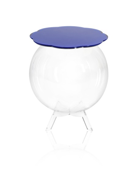 Boollino Tavolino in plexiglass Trasparente struttura sferica con ripiano blu, uso vaso acquario contenitore