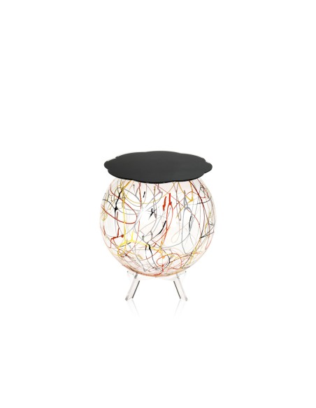 Boollino Tavolino in plexiglass struttura sferica con ripiano nero, schizzo artistico colorato