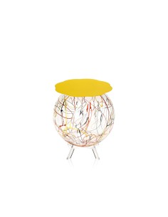 Boollino Tavolino in plexiglass struttura sferica con ripiano giallo, schizzo artistico colorato
