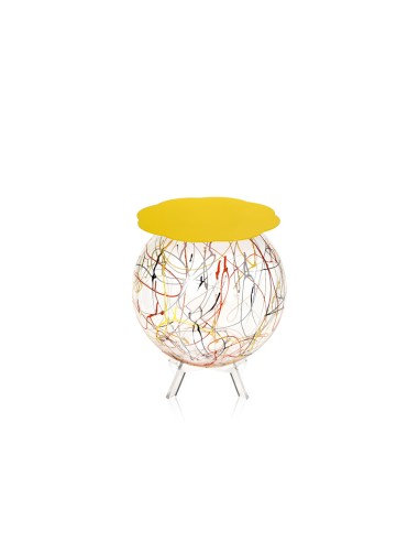 Boollino Tavolino in plexiglass struttura sferica con ripiano giallo, schizzo artistico colorato