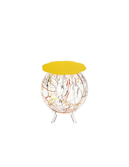 Boollino Tavolino in plexiglass struttura sferica con ripiano giallo, schizzo artistico colorato