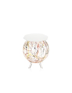 Boollino Tavolino in plexiglass struttura sferica con ripiano bianco, schizzo artistico colorato