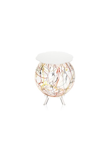 Boollino Tavolino in plexiglass struttura sferica con ripiano bianco, schizzo artistico colorato