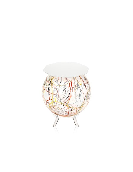 Boollino Tavolino in plexiglass struttura sferica con ripiano bianco, schizzo artistico colorato