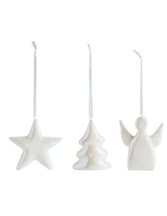 Set di 3 decorazioni natalizie iridescenti Stella Albero Angelo da appendere in ceramica colore bianco