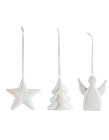 Set di 3 decorazioni natalizie iridescenti Stella Albero Angelo da appendere in ceramica colore bianco