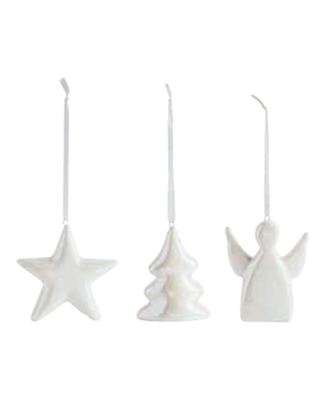 Set di 3 decorazioni natalizie iridescenti Stella Albero Angelo da appendere in ceramica colore bianco