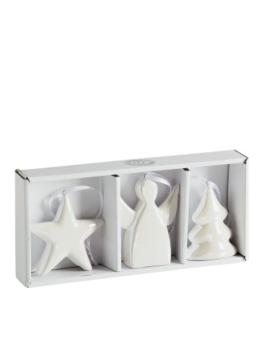 Set di 3 decorazioni natalizie iridescenti Stella Albero Angelo da appendere in ceramica colore bianco