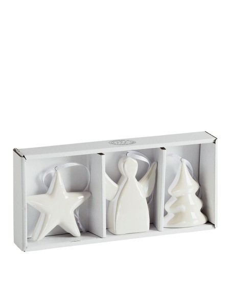 Set di 3 decorazioni natalizie iridescenti Stella Albero Angelo da appendere in ceramica colore bianco