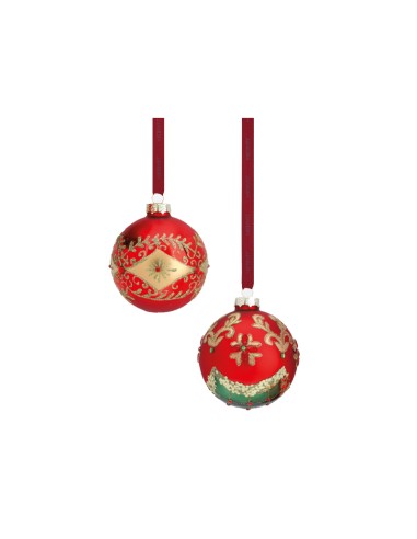 Hervit - Box 2 pz. Sfera in vetro soffiato rossa con decorazioni, diametro 9 cm, collezione Natale 2020
