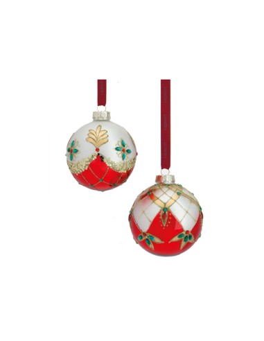 Hervit - Box 2 pz. Sfera in vetro soffiato bianca e rossa con decorazioni, diametro 9 cm, collezione Natale 2020
