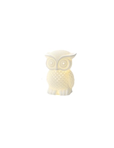 Hervit - Lampada Civetta in porcellana bianca traforata con luce Led, dim. 15 x 18 cm
