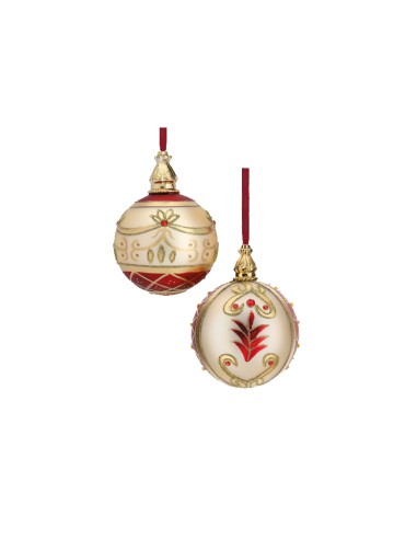 Hervit - Box 2 pz. Sfera in vetro soffiato rosso con decorazioni, diametro 10 cm, collezione Natale 2020