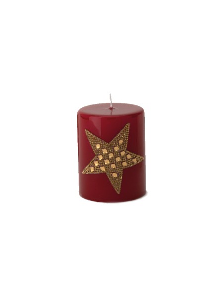 Hervit - Candela moccolo di Natale rossa laccata con stella dorata, strass decorativi, diametro 7 x 9 cm