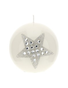 Hervit - Candela di Natale sferica bianca con stella, strass decorativi, diametro 10 cm