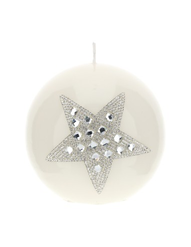 Hervit - Candela di Natale sferica bianca con stella, strass decorativi, diametro 10 cm