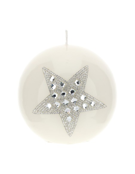 Hervit - Candela di Natale sferica bianca con stella, strass decorativi, diametro 10 cm