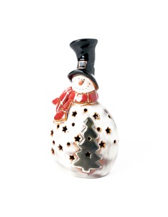 Pupazzo di neve in ceramica con luci a led cangianti, dipinto a mano
