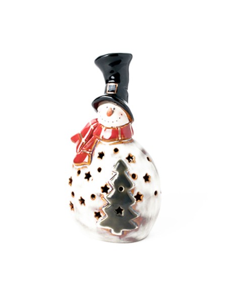 Pupazzo di neve in ceramica con luci a led cangianti, dipinto a mano