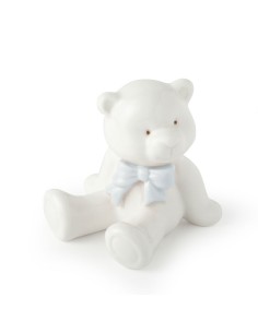 ORSETTO PORC.BIANCO 8CM C/FIOCCO BLU