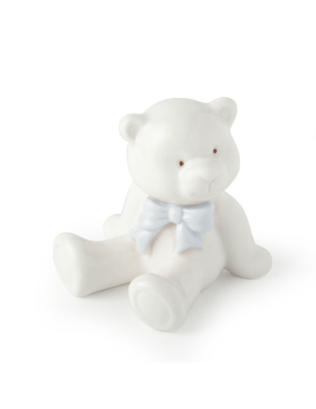 ORSETTO PORC.BIANCO 8CM C/FIOCCO BLU