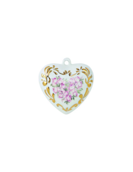 Cuore in Porcellana con decoro oro e rose a rilievo, 8 cm
