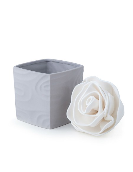 Contenitore cubo in Porcellana bisquit grigiocon spugna a fiore bianco