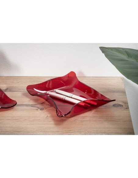 Iplex - Drappeggi d'autore Vassoio quadrato vuotatasche rosso Trasparente in plexiglass drappeggiato a mano,. - 23x3x23 cm