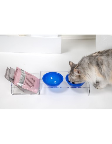 iPLEX Design - I-Pet Porta Ciotole Piccolo Blu in plexiglass - Trasparente/ blu - 41x6,5x14 cm