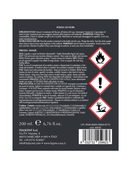 HYPNO - Ricarica per Diffusore a Bastoncino 200 ml Poesia di Fiori