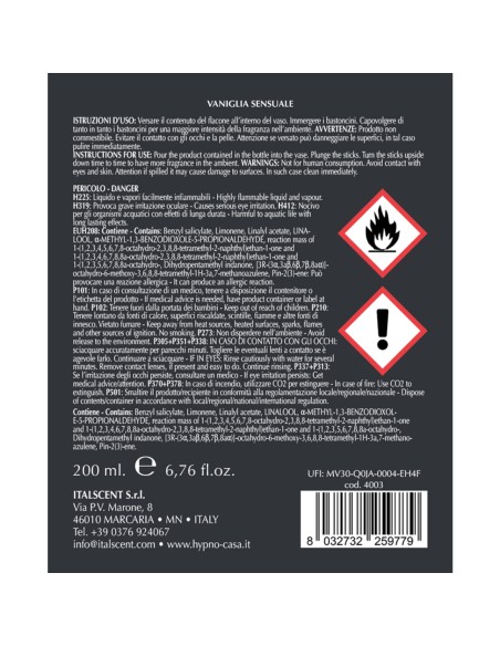 HYPNO - Ricarica per Diffusore a Bastoncino 200 ml Vaniglia Sensuale