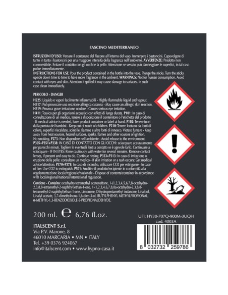HYPNO - Ricarica per Diffusore a Bastoncino 200 ml Fascino Mediterraneo