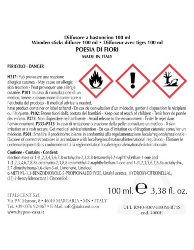 HYPNO - Diffusore con Bastoncini Quadrato 100 ml Poesia di Fiori