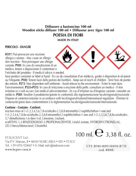 HYPNO - Diffusore con Bastoncini Quadrato 100 ml Poesia di Fiori