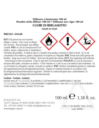 HYPNO - Diffusore con Bastoncini Quadrato 100 ml Cuore di Bergamotto