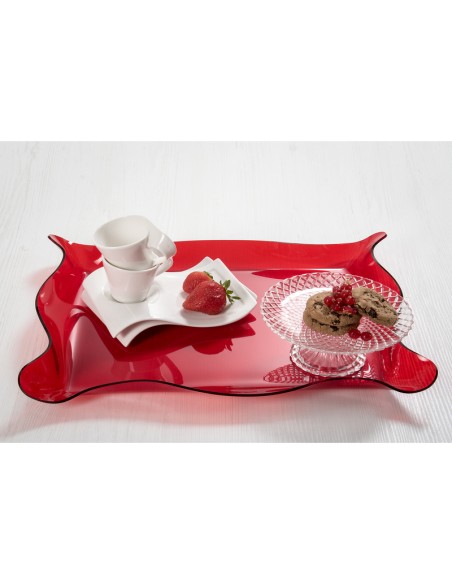 Iplex - Drappeggi d'autore Vassoio rettangolare rosso Trasparente in plexiglass drappeggiato a mano,. - 55x5x32 cm