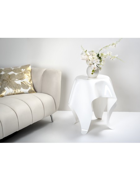 iPLEX - Tavolino alto linea Drappeggi in plexiglass PMMA color bianco pieno drappeggiato a mano. - 76x66x67 cm